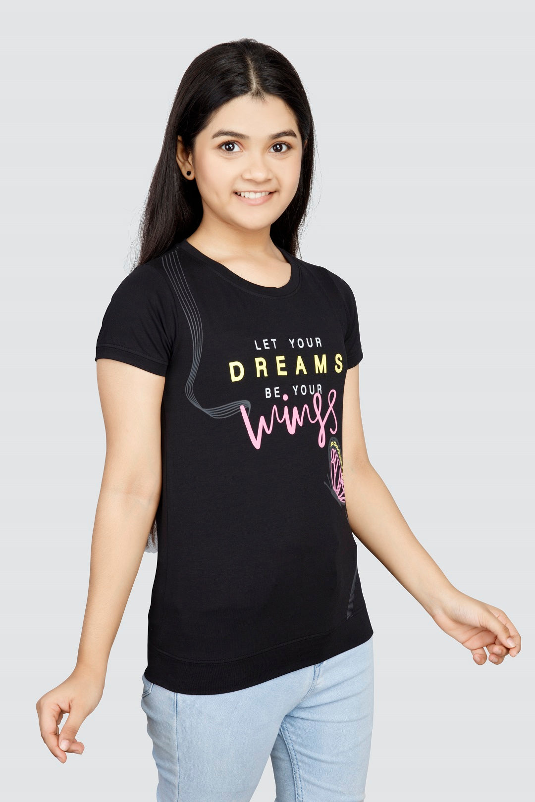 Girls Printed Typography Round Neck Cotton T-Shirt