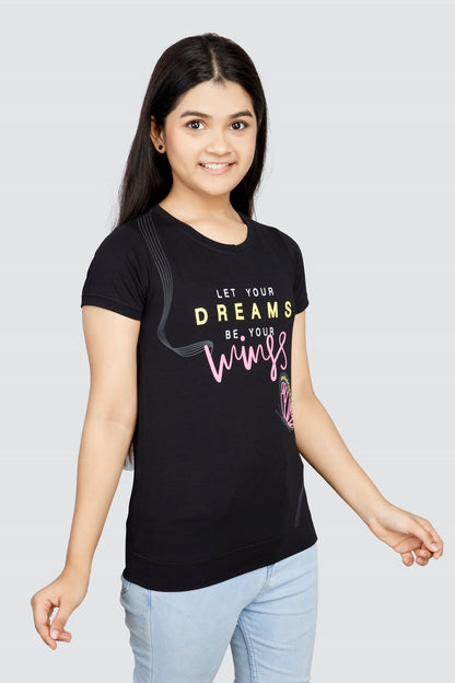 Girls Printed Typography Round Neck Cotton T-Shirt