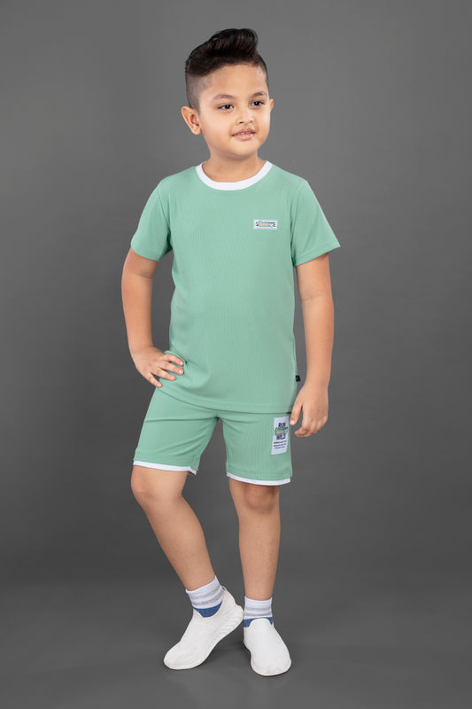 Half Sleeves Placement Text Printed Tee & Shorts Set - Pista Green