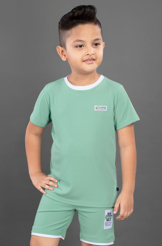 Half Sleeves Placement Text Printed Tee & Shorts Set - Pista Green