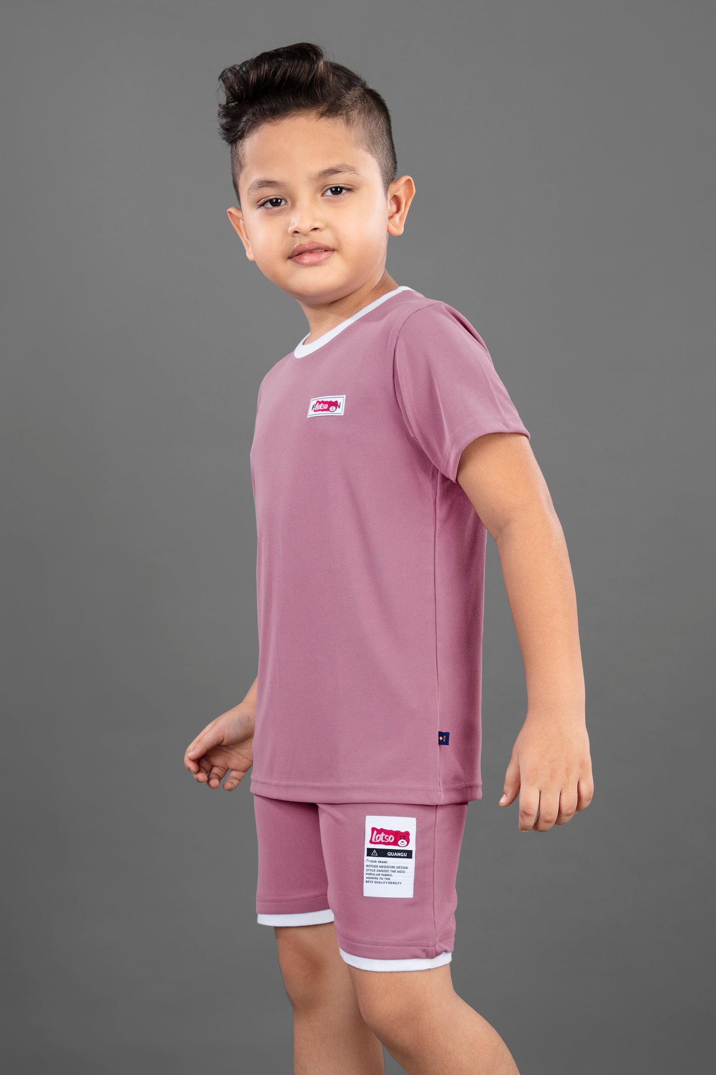 Half Sleeves Placement Text Printed Tee & Shorts Set - Dark Pink