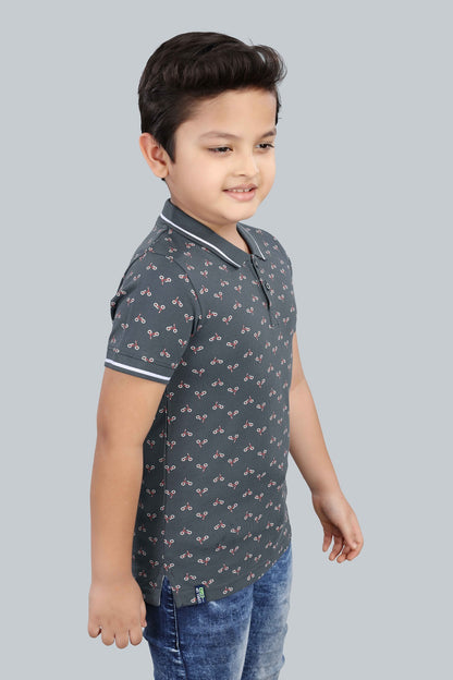 Boys Printed Typography Polo Neck Cotton T-Shirt