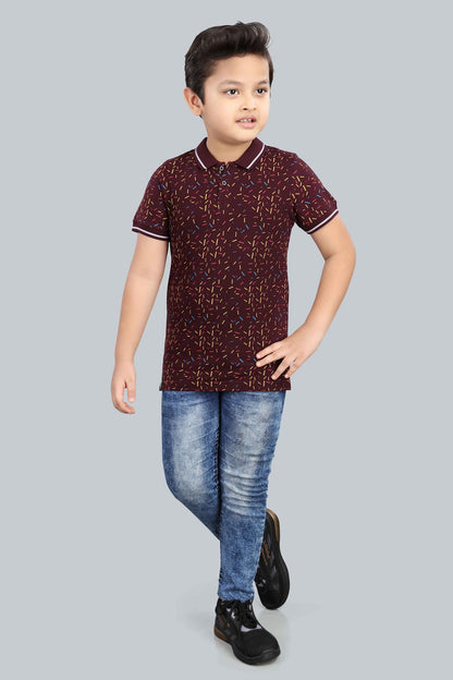 Boys Printed Typography Polo Neck Cotton T-Shirt