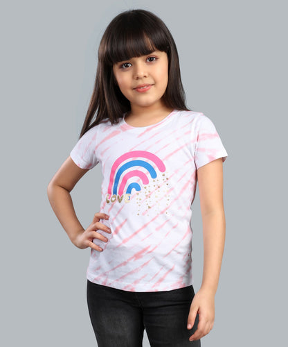 Girls Printed Tie & Dye Round Neck Cotton T-Shirt