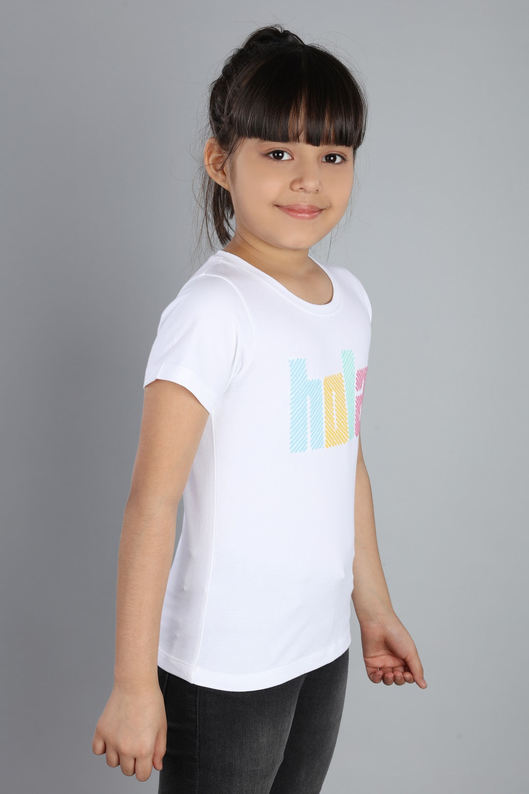 Girls Printed Typography Round Neck Cotton T-Shirt