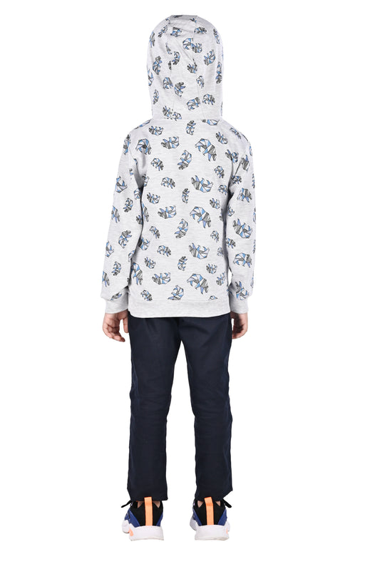 BOYS ALL OVER PRINTED SWEATSHIRTS WITH HOODIE -GREY