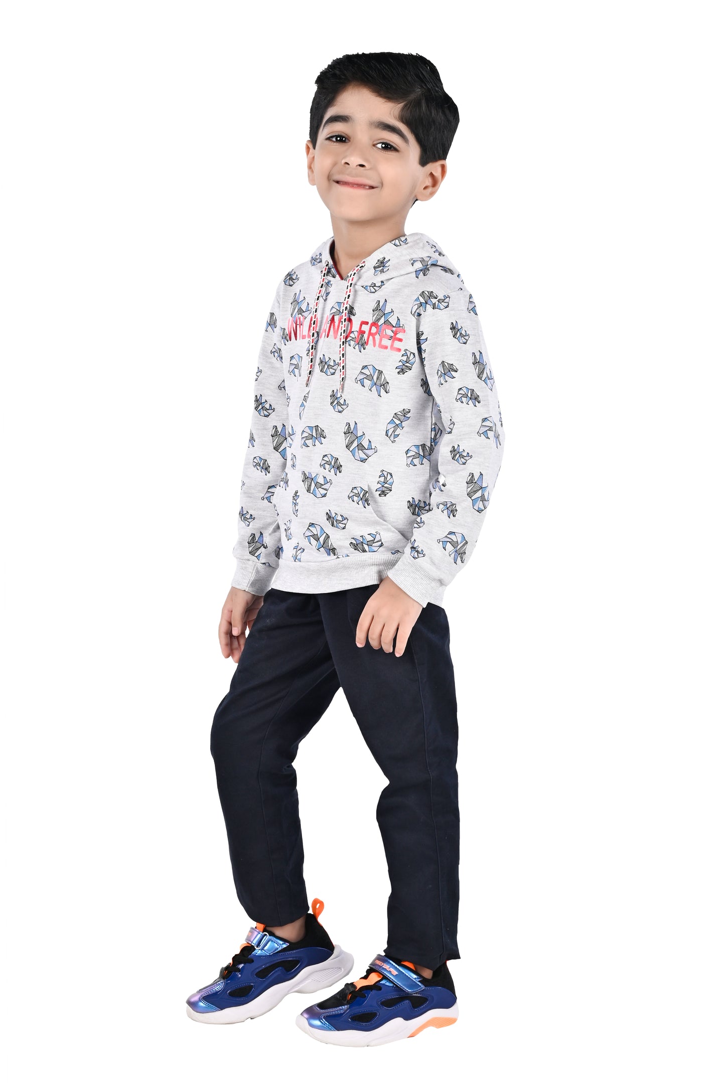 BOYS ALL OVER PRINTED SWEATSHIRTS WITH HOODIE -GREY