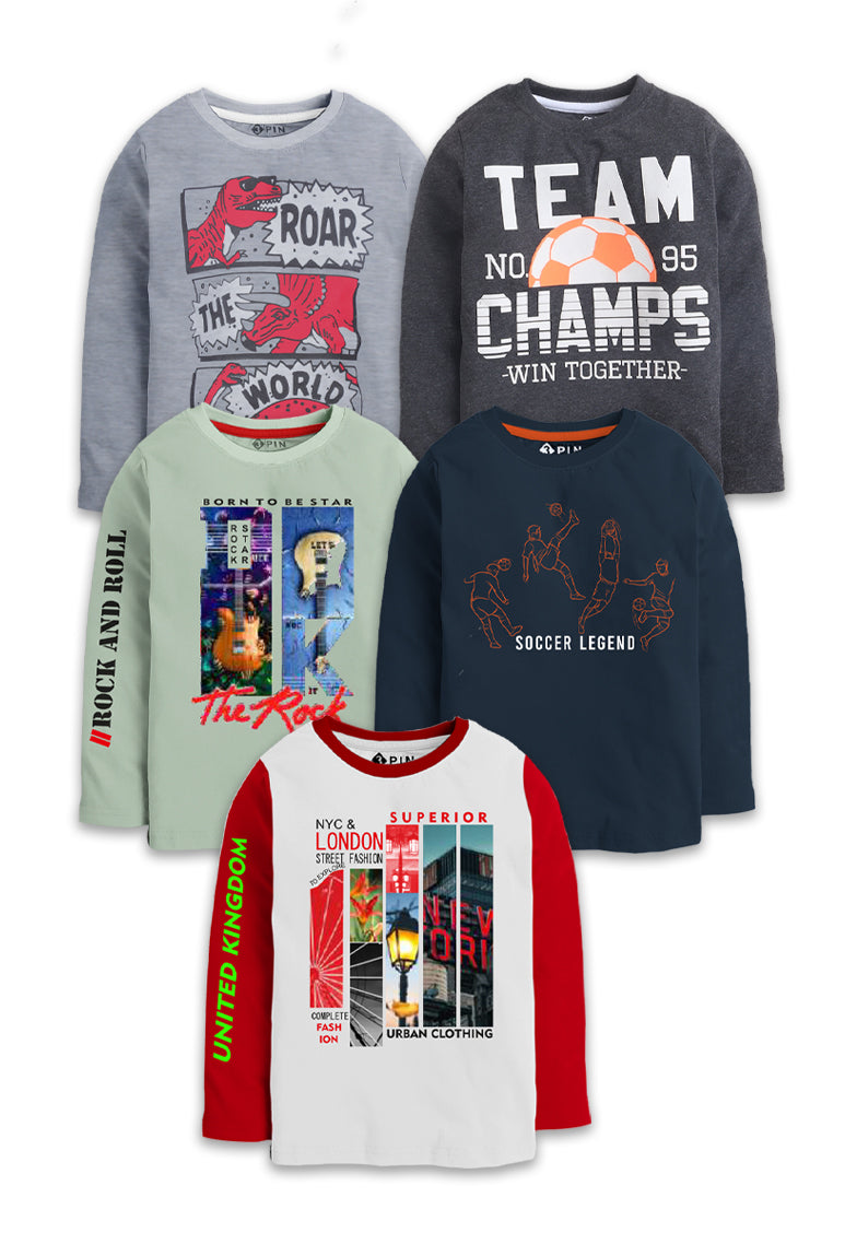 Boys Cotton Printed Round Neck T-Shirts (Pack of 5)