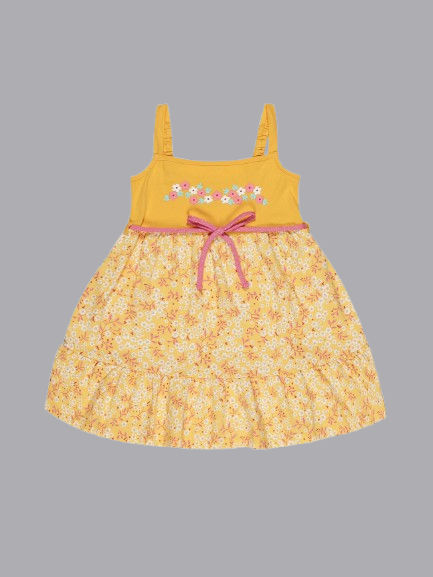 Girls Floral Print Fit & Flare Dress with Waist Tie Up