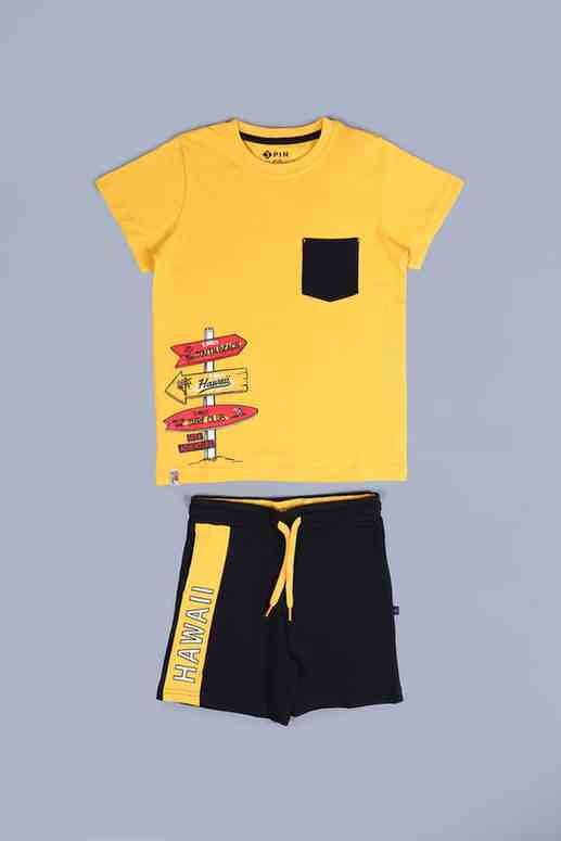 BOYS SURF PLUS PRINT T-SHIRT AND HAWAII PRINT SHORTS SET - YELLOW AND BLACK