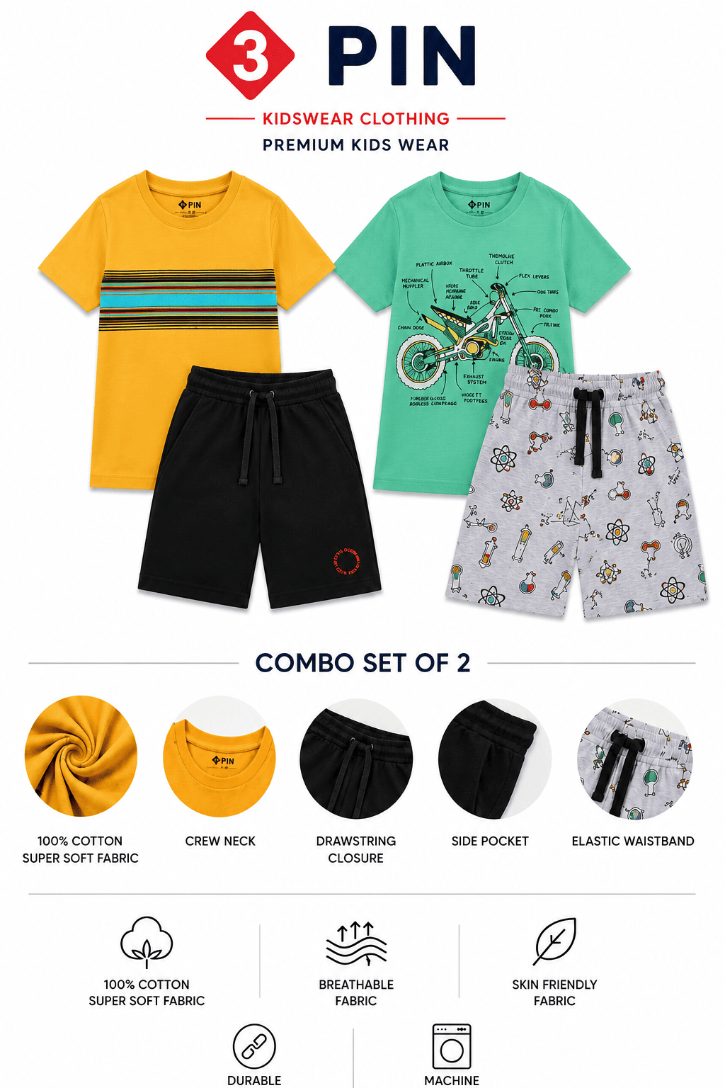 3PIN 100% Cotton Knit Half Sleeve Set of 2 Striped and Motorcycle Printed T-Shirt and Shorts Set - Mustard Yellow and Mint Green