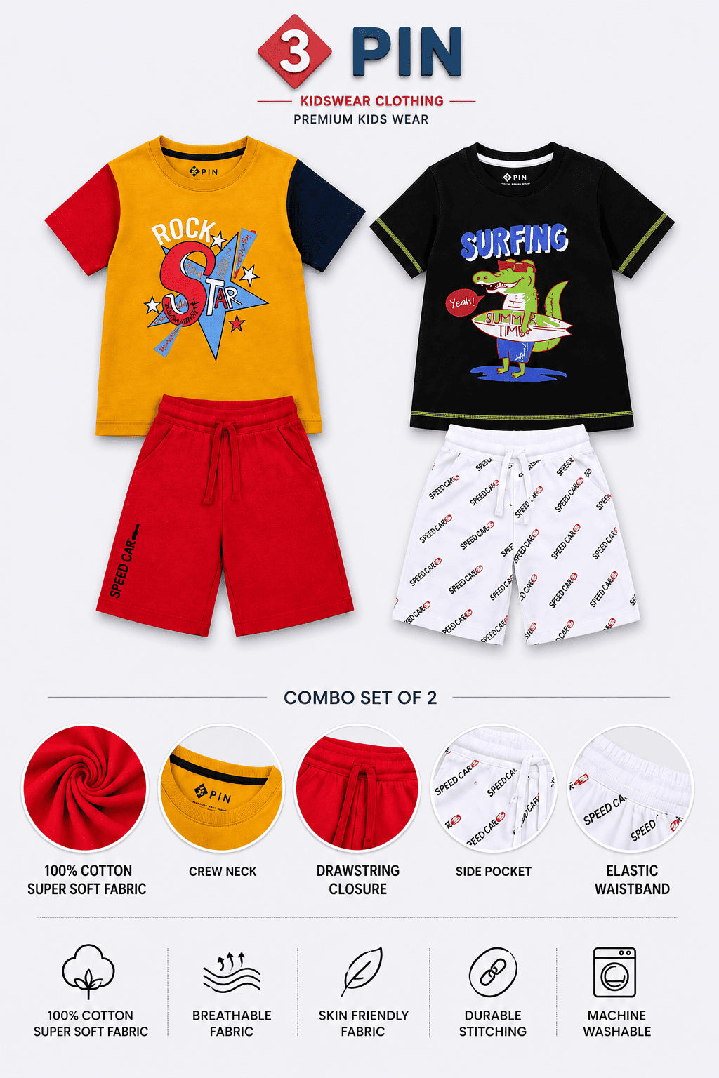 3PIN Boys Half Sleeeve T-shirt and Shorts Set(Pack of 4)