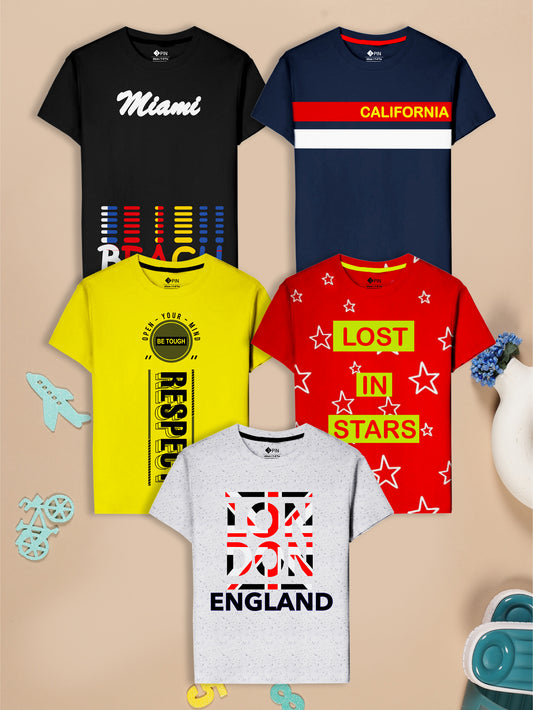 Boys Cotton Printed Round Neck T-Shirt - Pack of 5