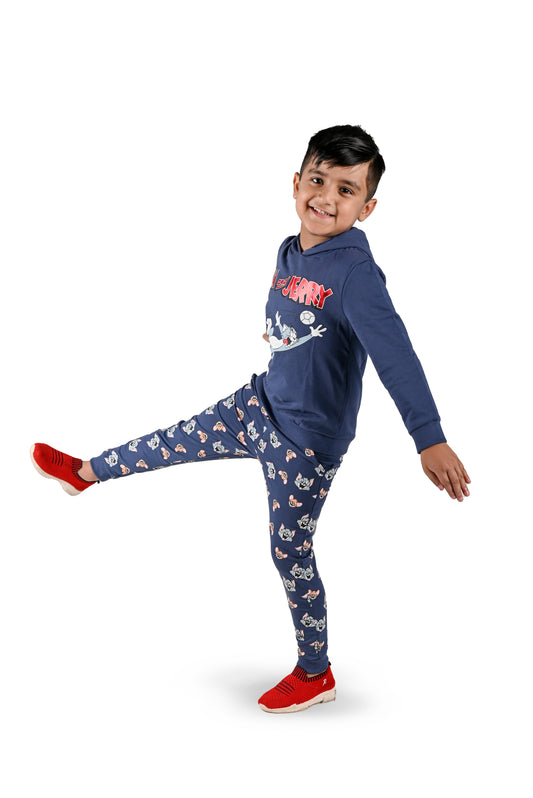 Kids Tom and Jerry Printed Hoodie and All over printed Joggers - Navy