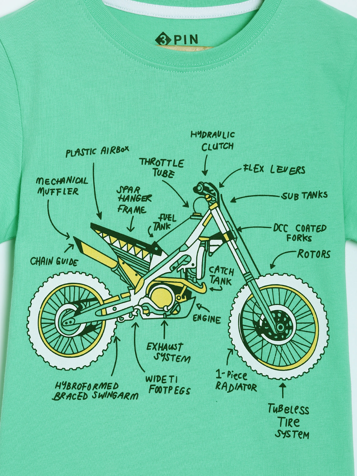 3PIN 100% Cotton Knit Half Sleeve Set of 2 Striped and Motorcycle Printed T-Shirt and Shorts Set - Mustard Yellow and Mint Green