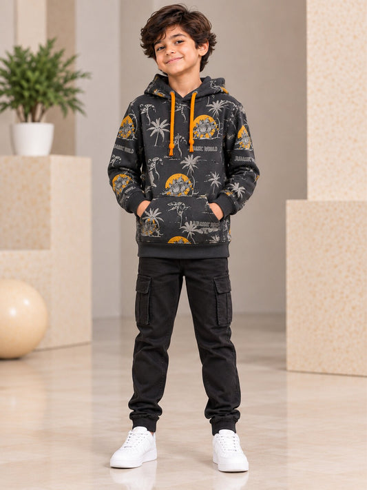 3Pin Glitter Printed Hooded Sweatshirt - Charcol