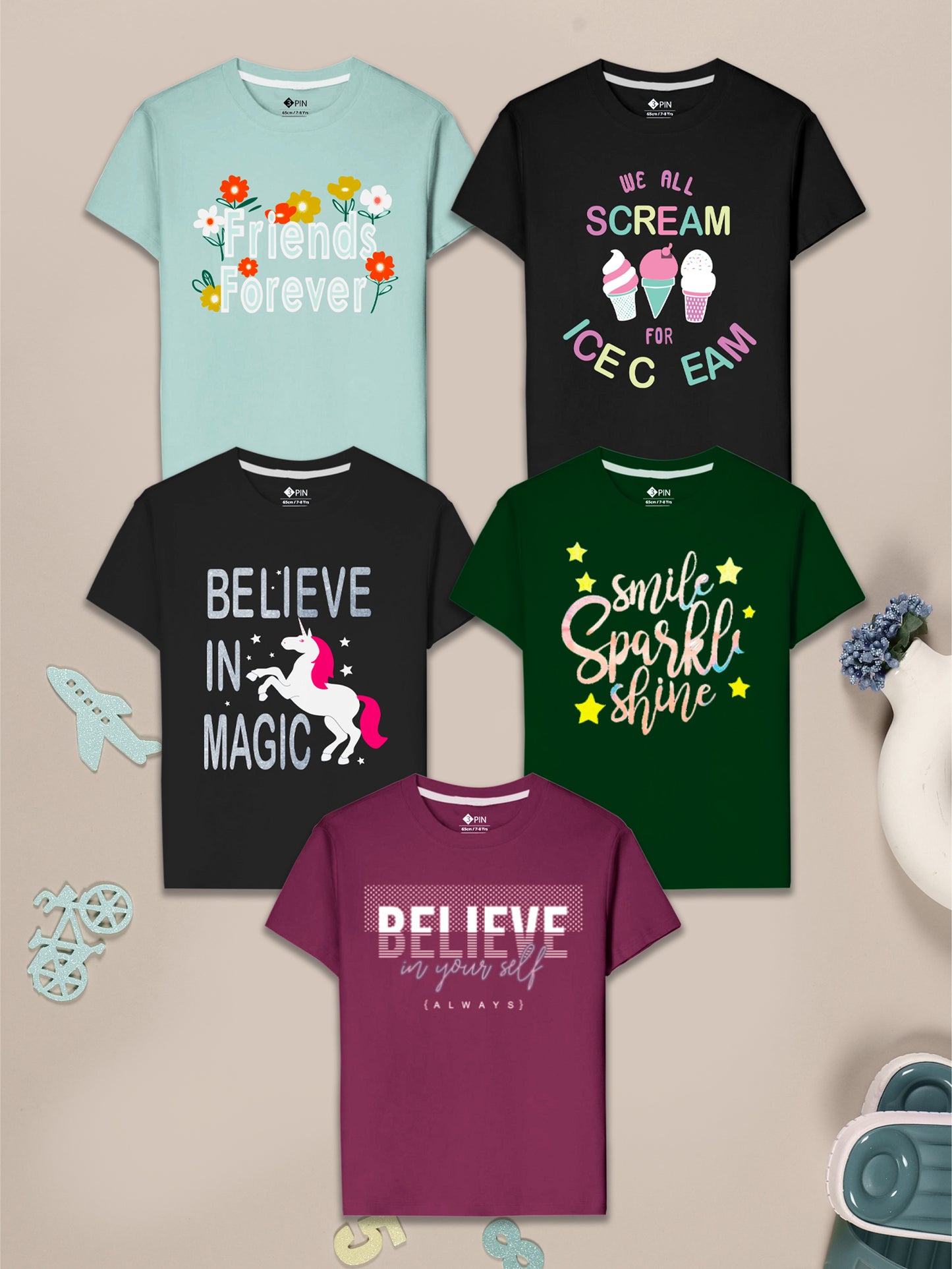 Girls Cotton Printed Round Neck T-Shirt - Pack of 5