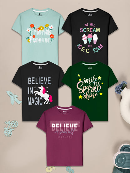 Girls Cotton Printed Round Neck T-Shirt - Pack of 5