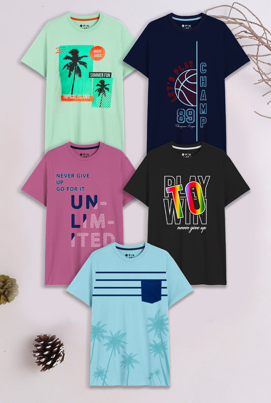 Boys Cotton Printed Round Neck T-Shirt - Pack of 5