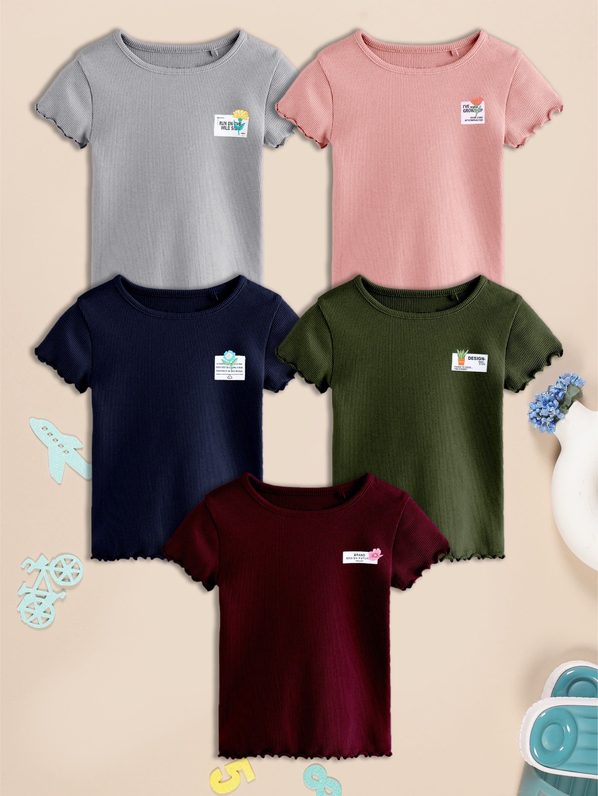 Girls Cotton Solid Round Neck T-Shirt - Pack of 5
