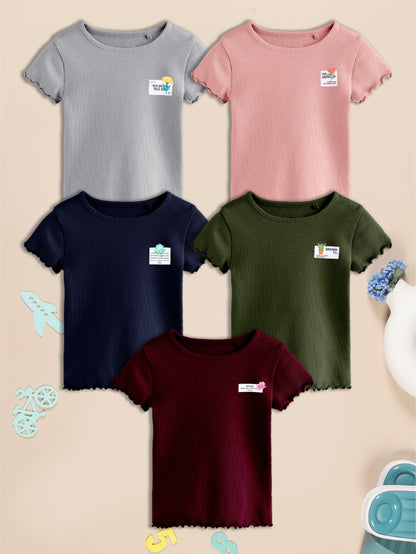 Girls Cotton Solid Round Neck T-Shirt - Pack of 5