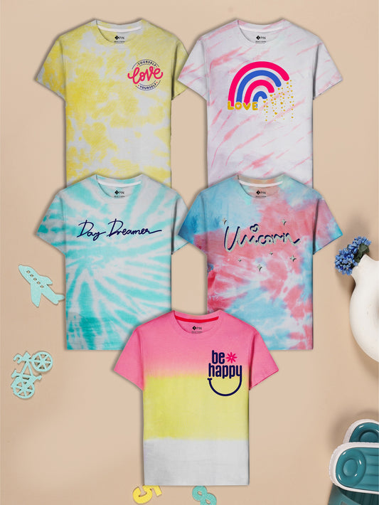 Girls Cotton Printed Round Neck T-Shirt - Pack of 5