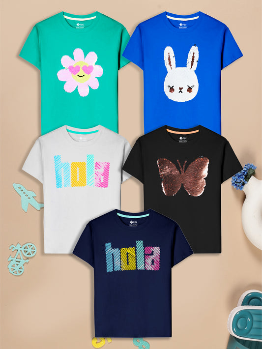 Girls Cotton Printed Round Neck T-Shirt - Pack of 5