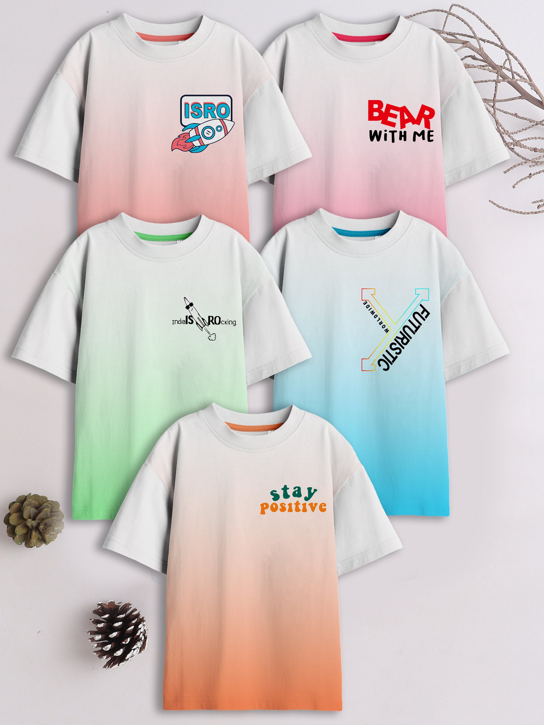 Boys Cotton Printed Round Neck T-Shirt - Pack of 5