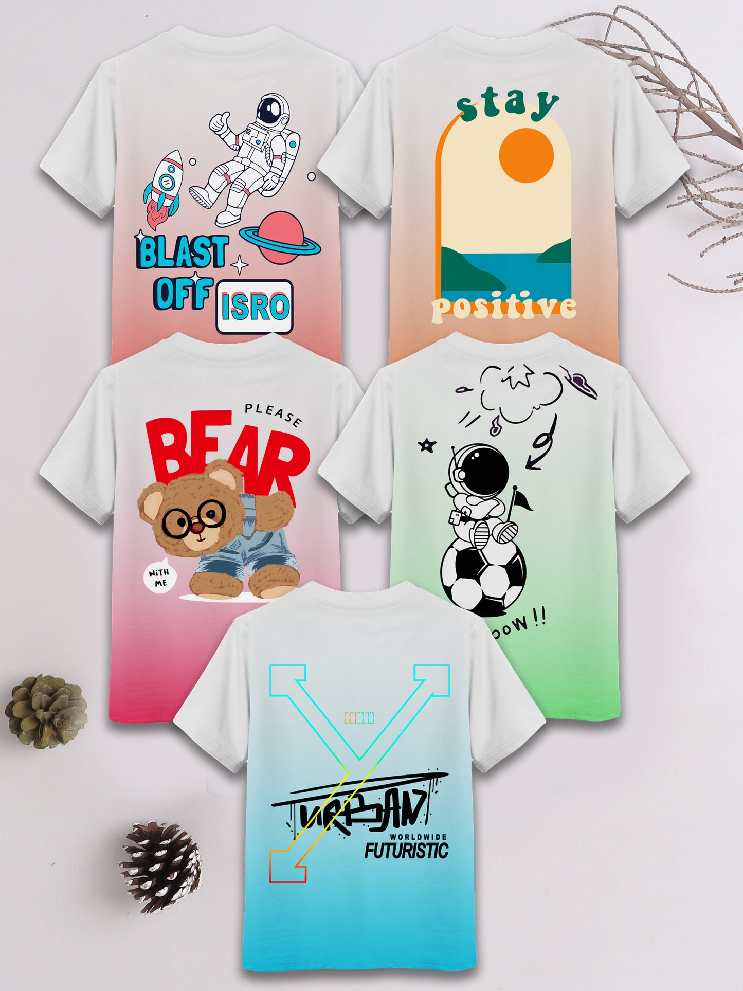 Boys Cotton Printed Round Neck T-Shirt - Pack of 5