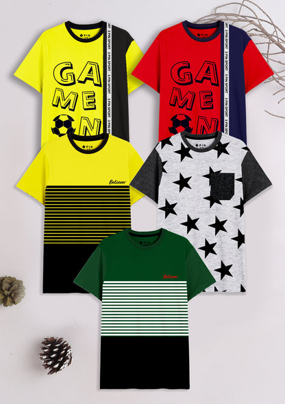 Boys Cotton Printed Round Neck T-Shirt - Pack of 5