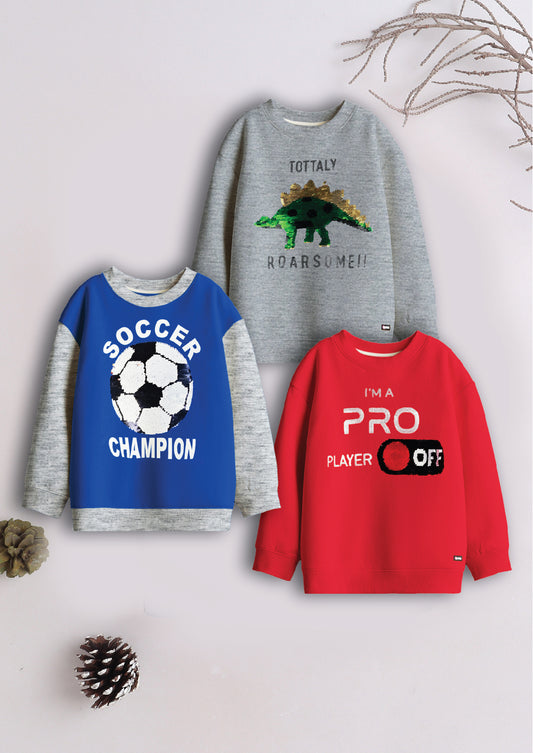 Boys Cotton Printed Round Neck Sweatshirts  (Pack of 3)