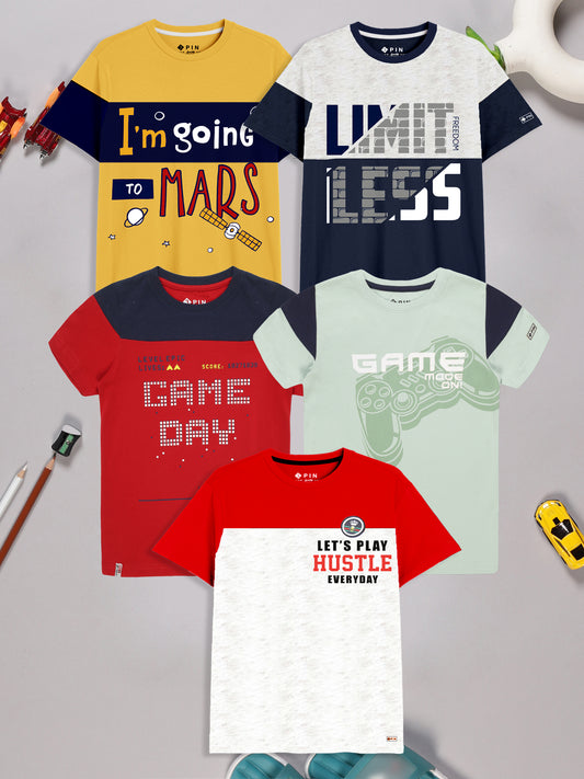 Boys Cotton Printed Round Neck T-Shirt - Pack of 5