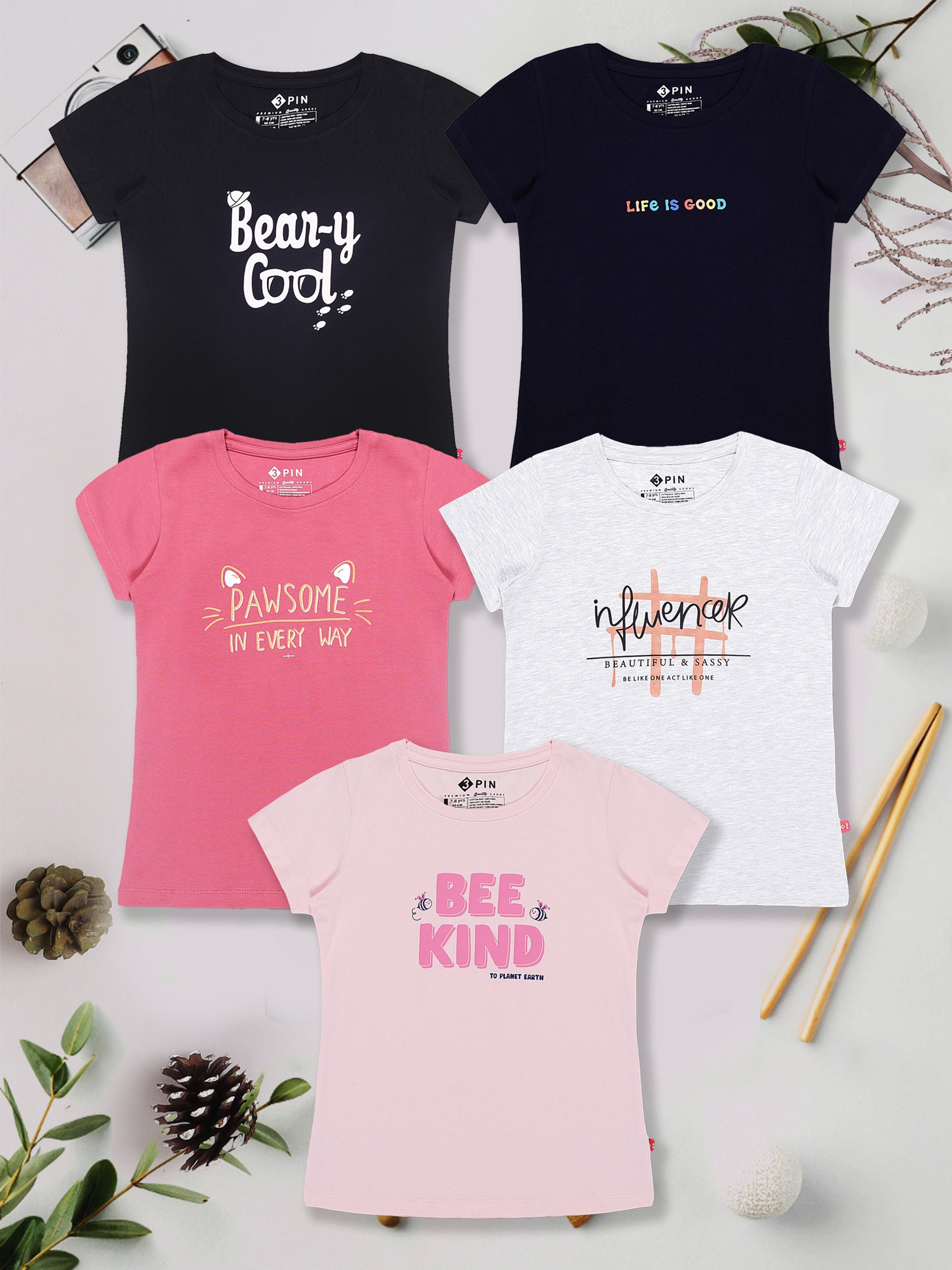 Girls Cotton Printed Round Neck T-Shirt - Pack of 5