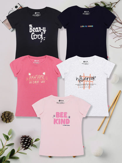 Girls Cotton Printed Round Neck T-Shirt - Pack of 5