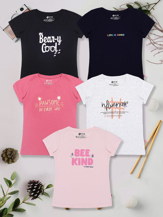 Girls Cotton Printed Round Neck T-Shirt - Pack of 5