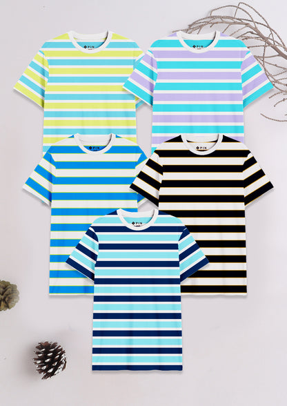 Boys Cotton Striped Round Neck T-Shirt - Pack of 5