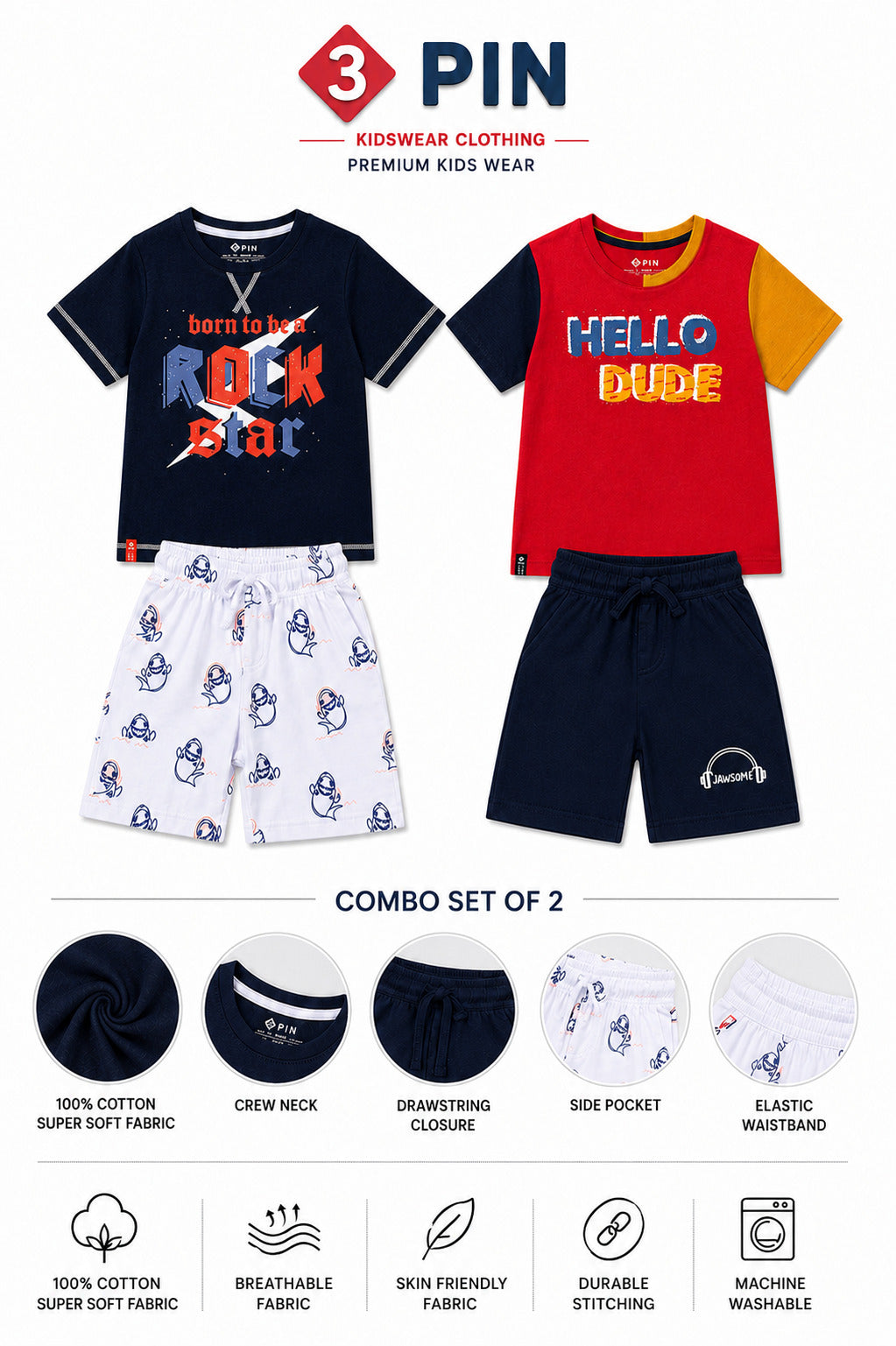 3PIN Boys Half Sleeeve T-shirt and Shorts Set(Pack of 4)