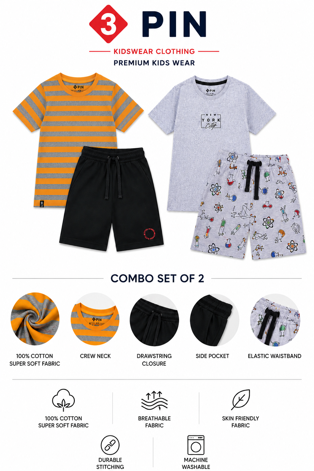 3PIN 100% Cotton Knit Half Sleeve Set of 2 Striped and Newyork City  Printed T-Shirt and Shorts Set - Mustard and Grey Melange
