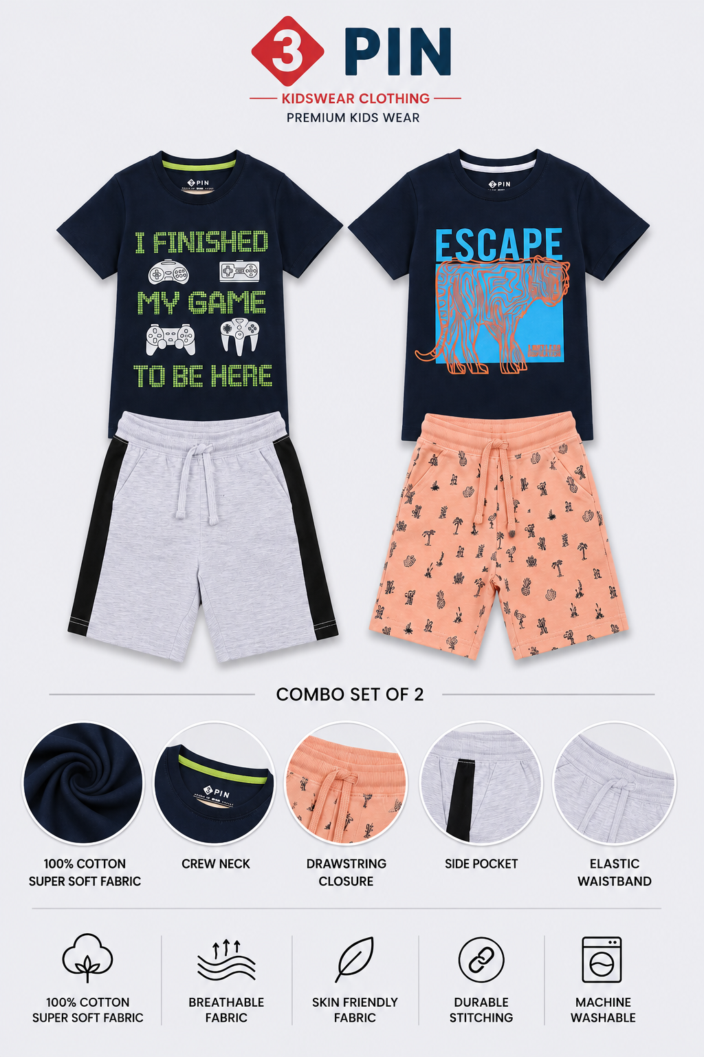 3PIN 100% Cotton Knit Half Sleeve Set of 2 Tiger and Game Printed T-shirt and Shorts Set - Navy Blue