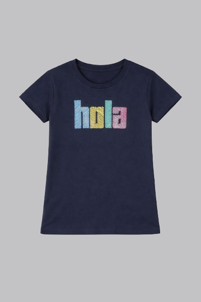 Girls Printed Typography Round Neck Cotton T-Shirt