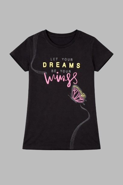 Girls Printed Typography Round Neck Cotton T-Shirt