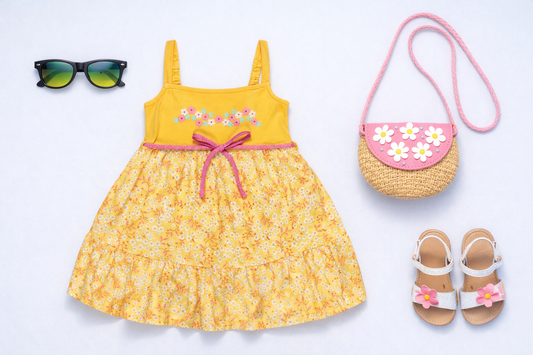 Girls Floral Print Fit & Flare Dress with Waist Tie Up