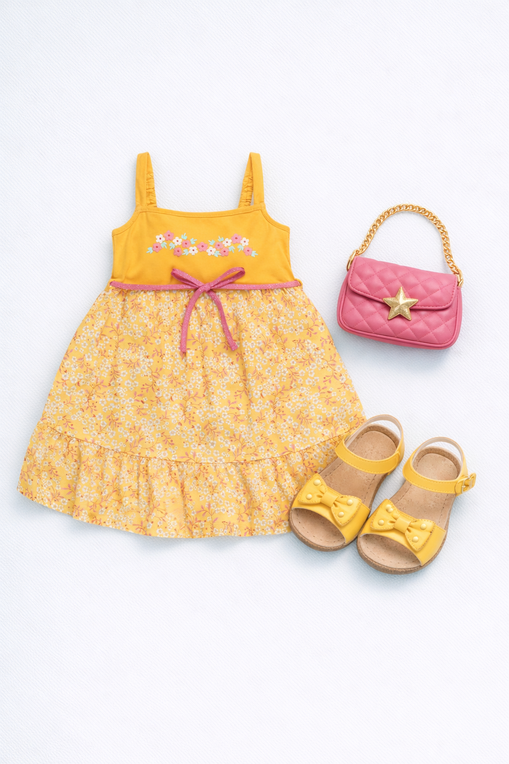 Girls Floral Print Fit & Flare Dress with Waist Tie Up