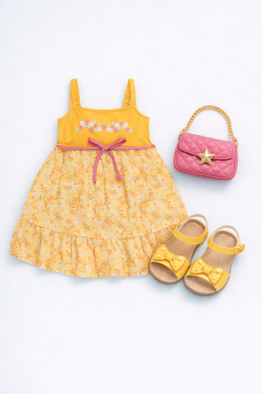 Girls Floral Print Fit & Flare Dress with Waist Tie Up