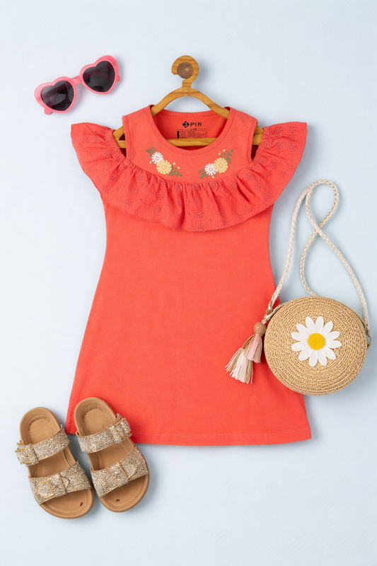 Girls Round-Neck A-Line Dress - CAYENNE