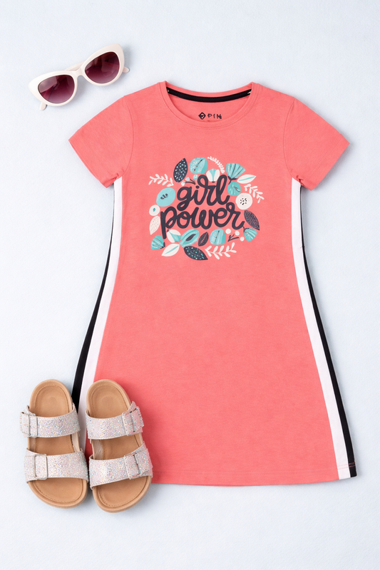 Girls Floral Printed Flared Dress - Coral Pink