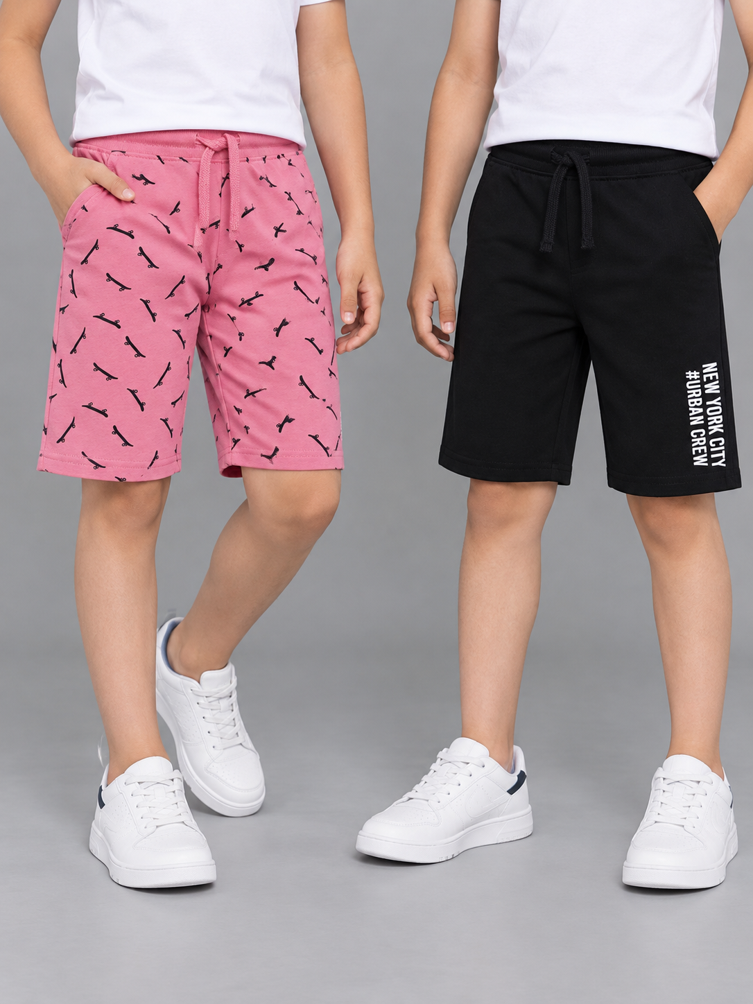 BOYS PACK OF 2 ALL OVER PRINT AND COLOUR BLOCK SHORTS - BLACK AND PINK