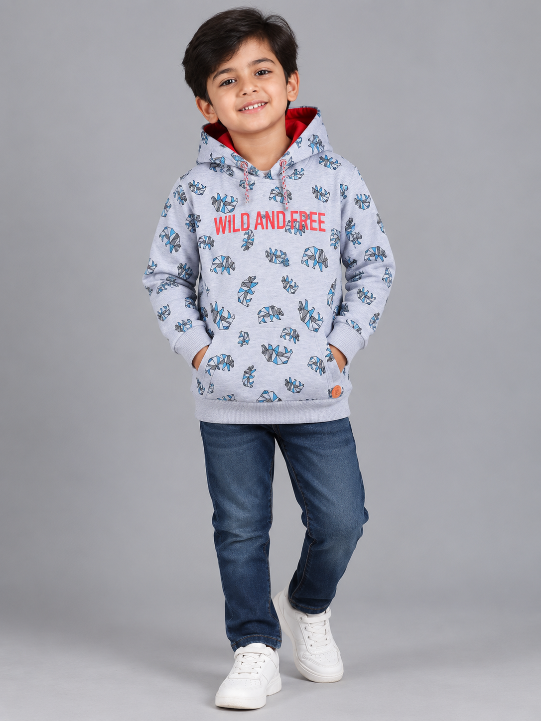 BOYS ALL OVER PRINTED SWEATSHIRTS WITH HOODIE -GREY