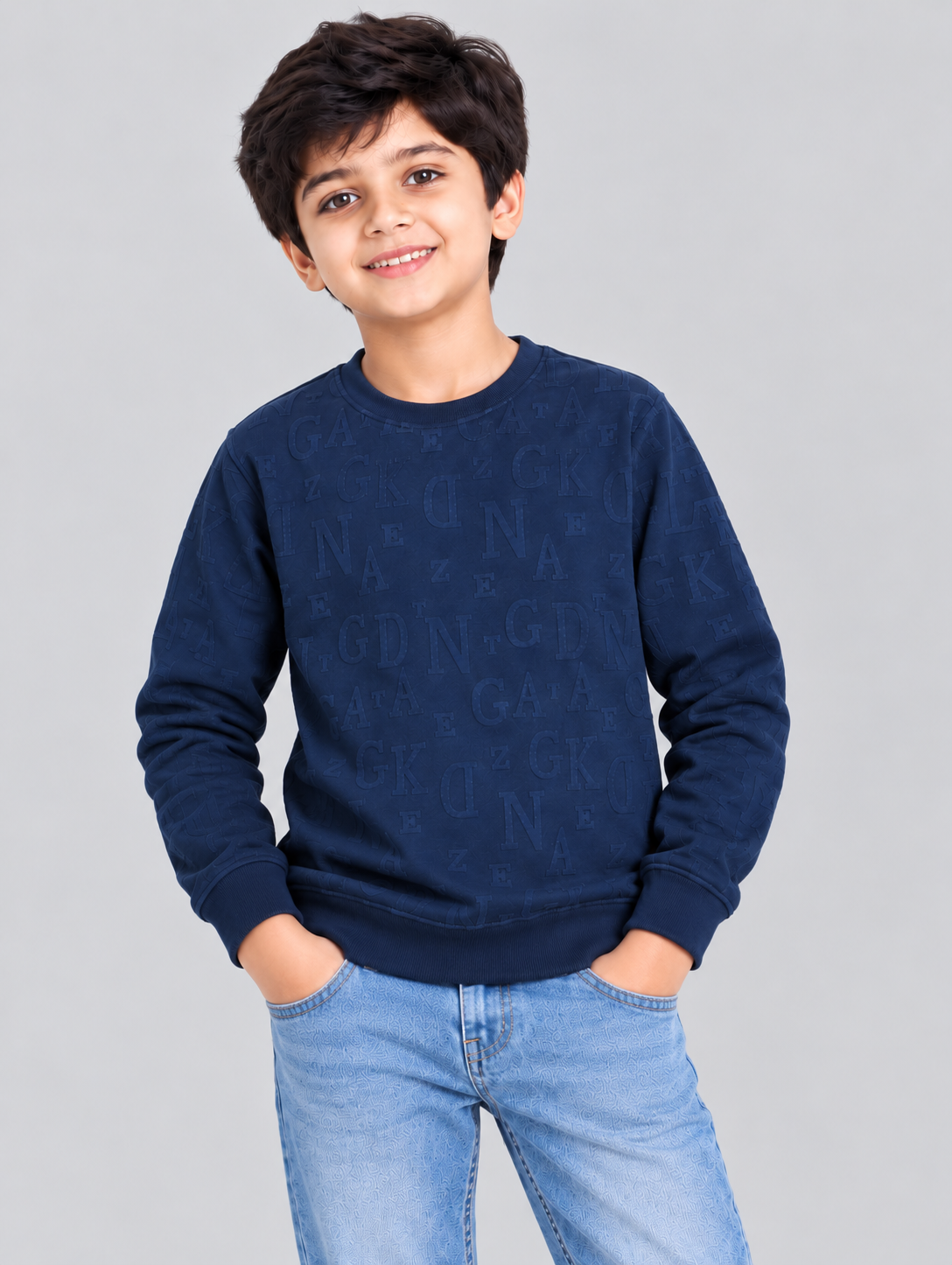 Boys Embossed Letter Round Neck T-Shirt - Navy Blue