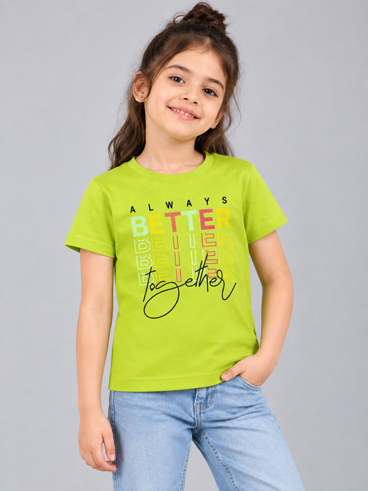 Girls Printed Typography Round Neck Cotton T-Shirt